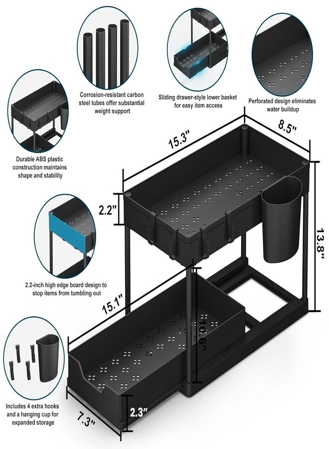 HIRNAYA 2 Tier Under Sink Storage Organizer with Hooks | Pull Out Cabinet Rack for Kitchen & Bathroom | Multi-Purpose Under Sink Storage Shelf for Kitchen Cabinets & Bathroom Counter - Image 2